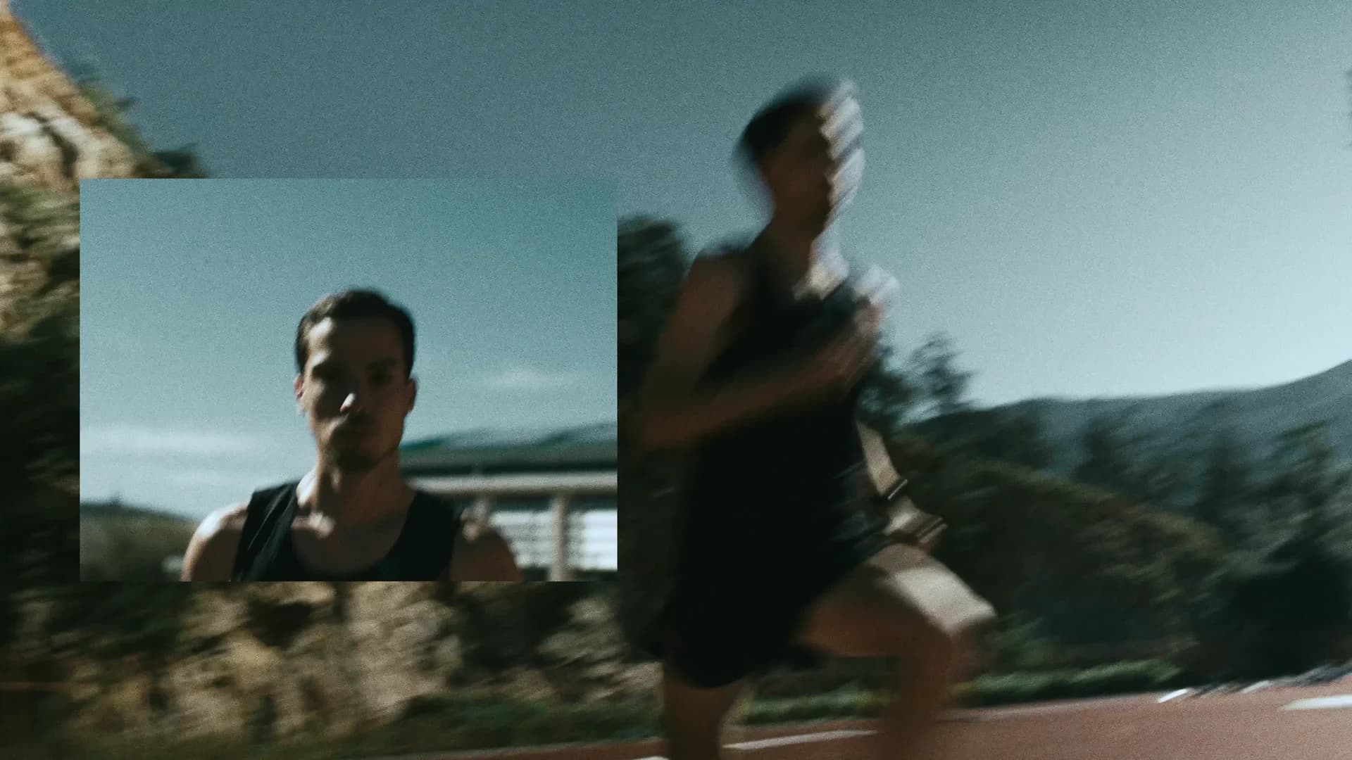 Runner crossing an outdoor track through a layered in-camera echo